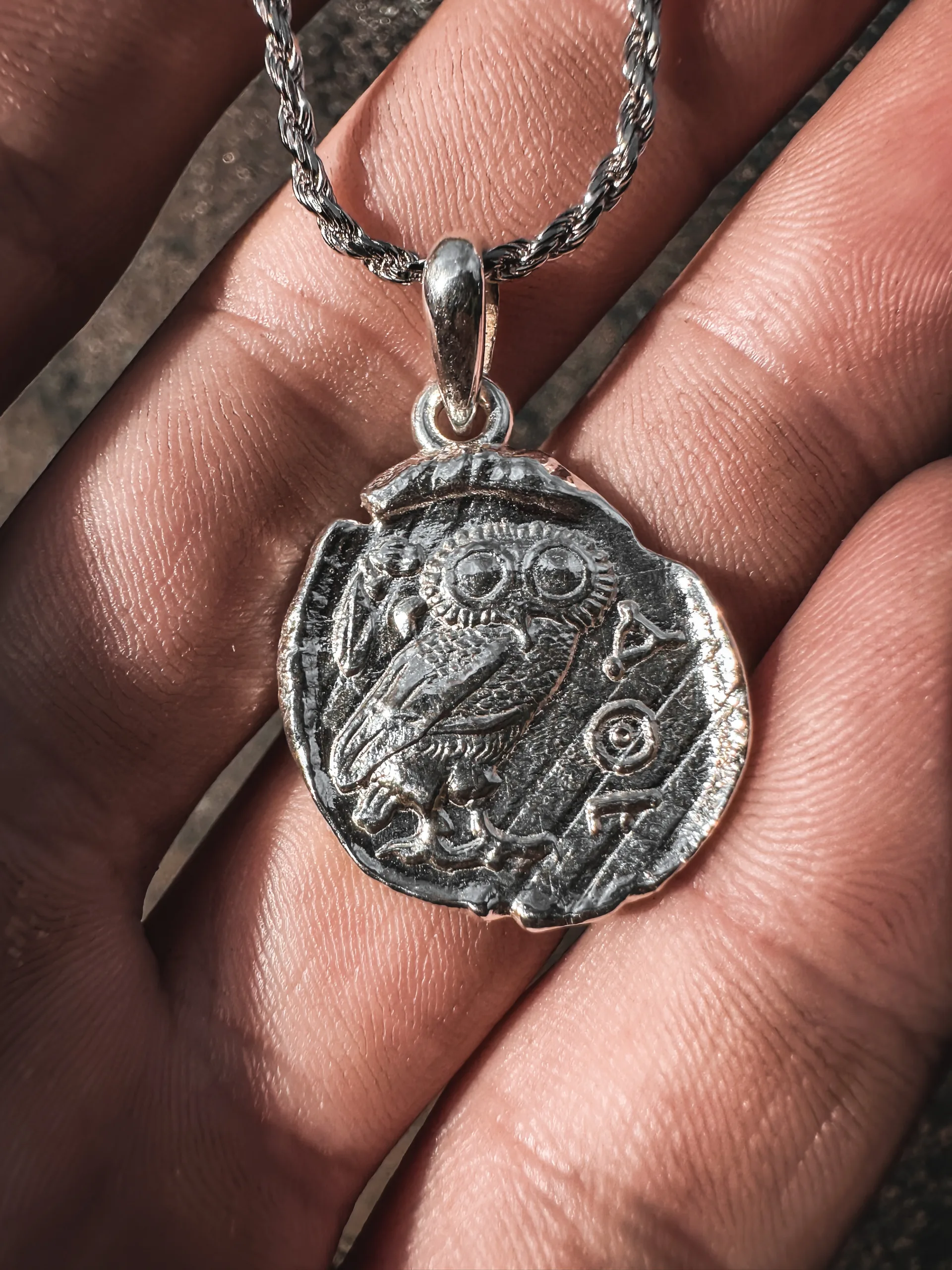 owl of athena, sterling silver pendant, necklace, silver chain, sterling silver pendant, owl of athena coin 479 BC, gold of saints
